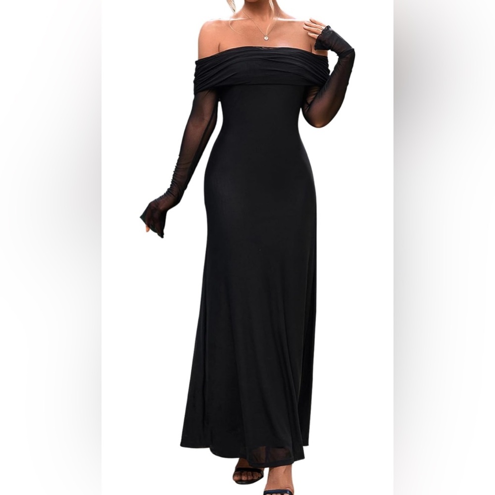 KUTUMAI Women Off Shoulder Bodycon Maxi Dress Long Sleeve Mesh